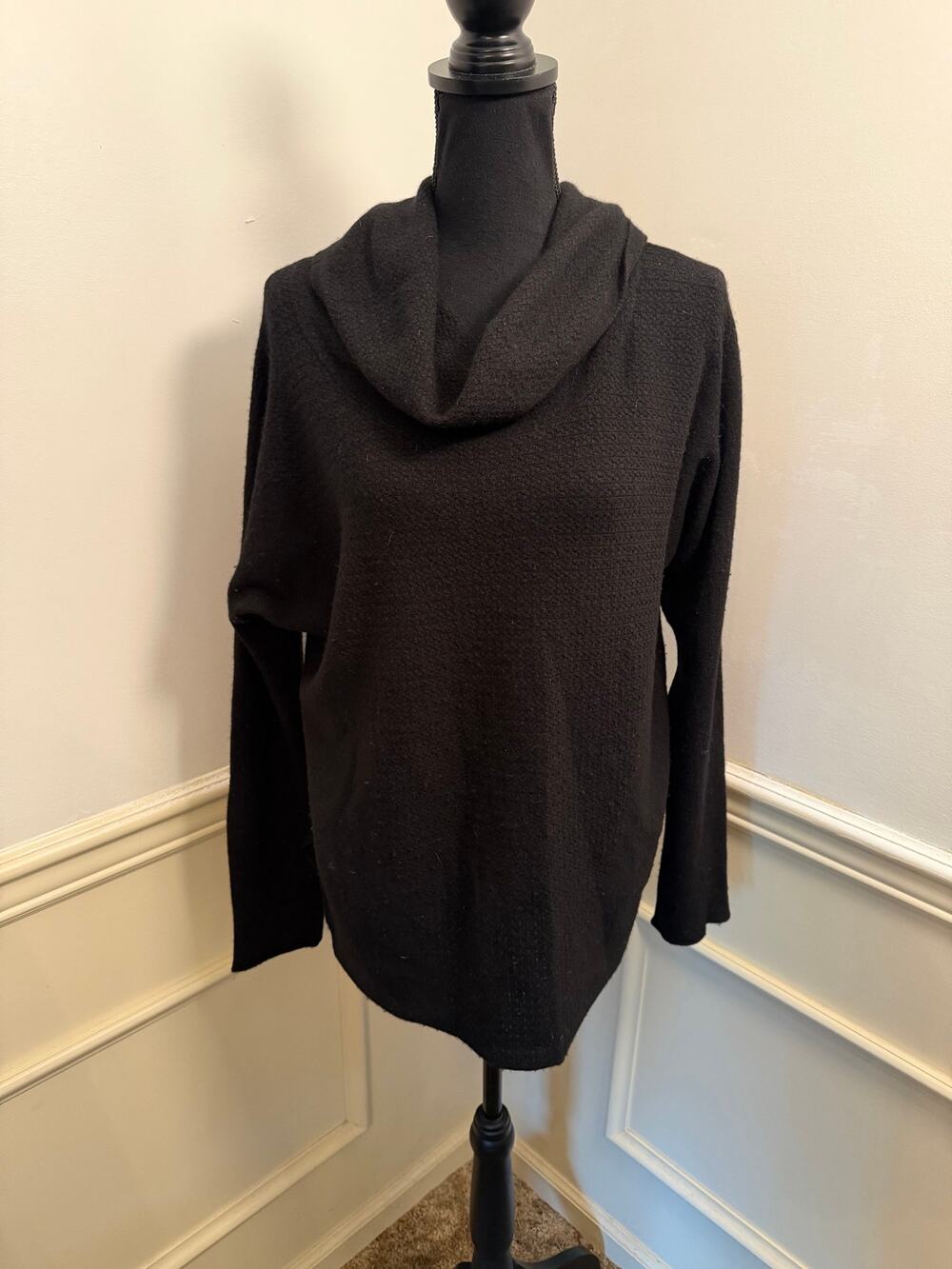 Ellen Tracy Cashmere Cowl Neck Sweater Black Relaxed Fit Textured Minimalist